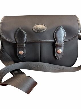 Longchamp Black Nylon Messenger Bag with Leather Trim